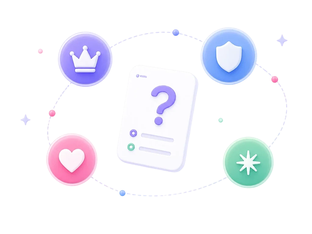 Omegaverse type icons orbiting a quiz card