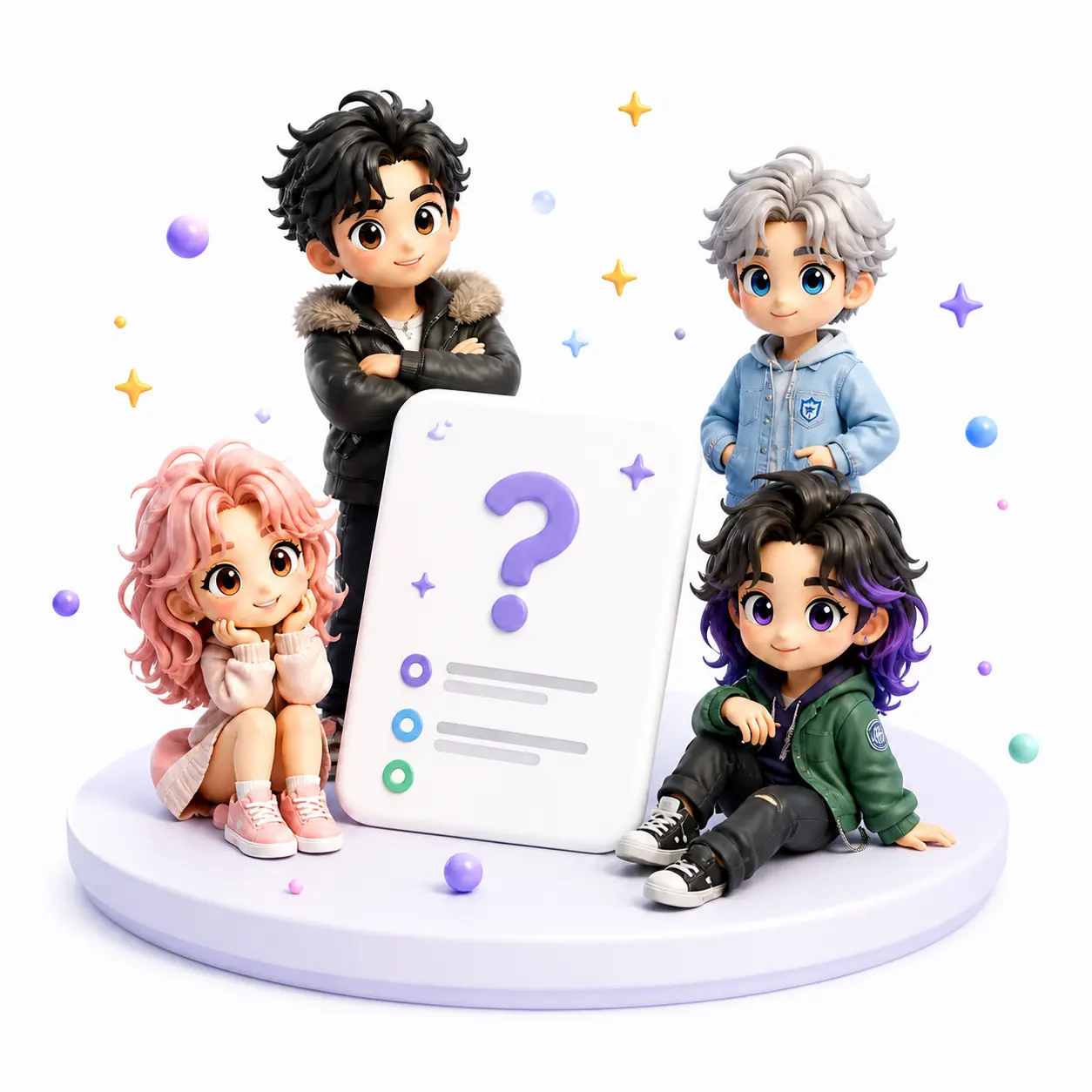 Four Omegaverse archetype characters gathered around a quiz card