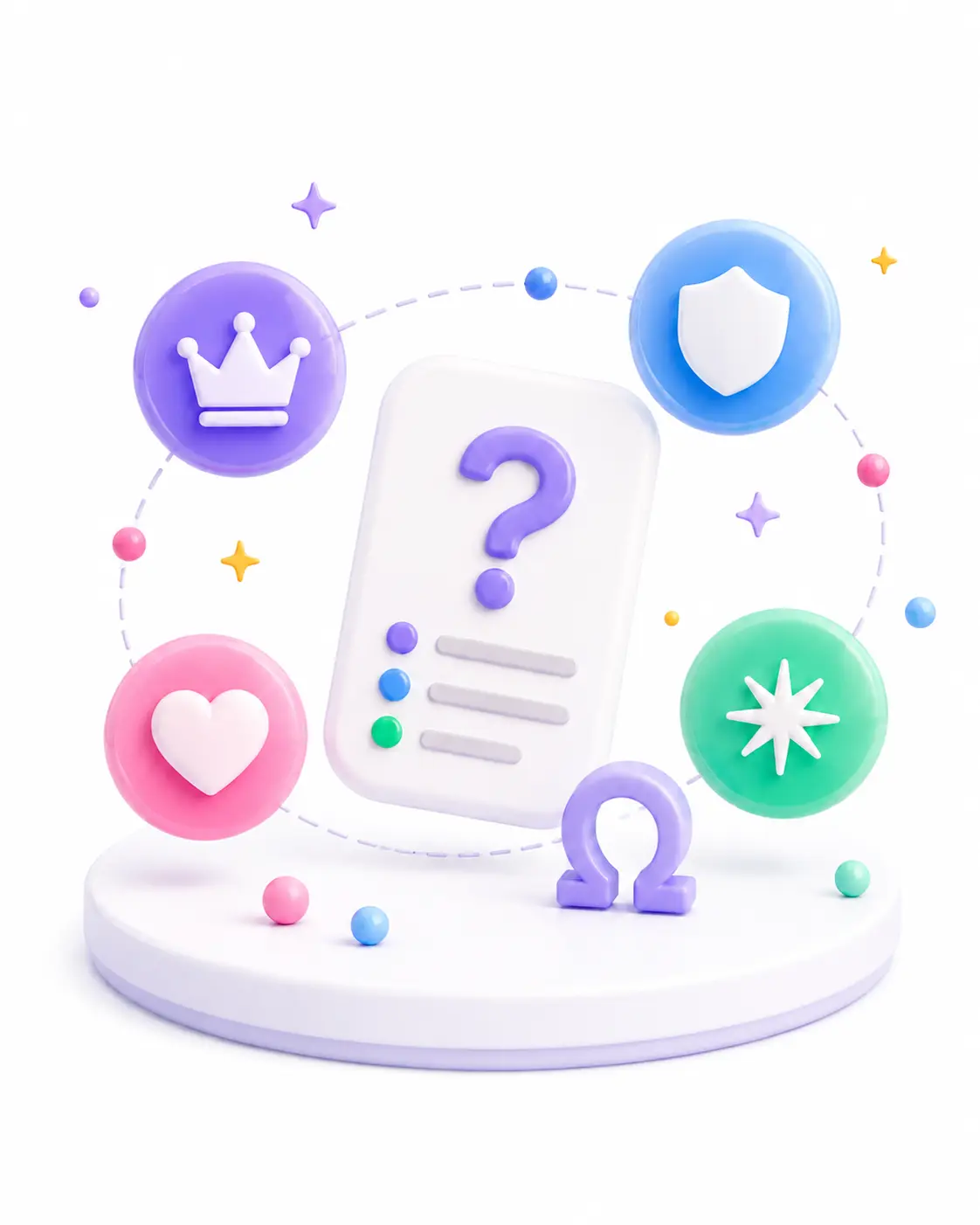 3D Omegaverse quiz archetype icons orbiting a question card